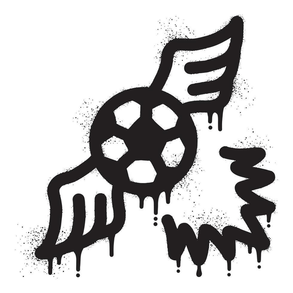 Soccer ball graffiti with wings drawn with black spray paint vector