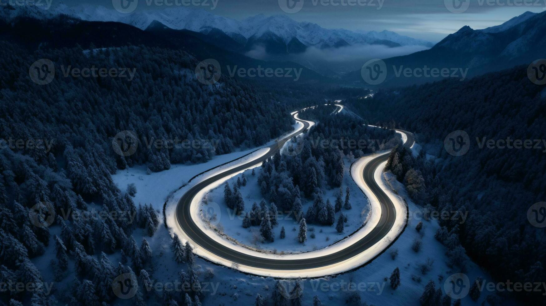 AI generated Curvy road by day from above, in the middle of a snow covered forest photo