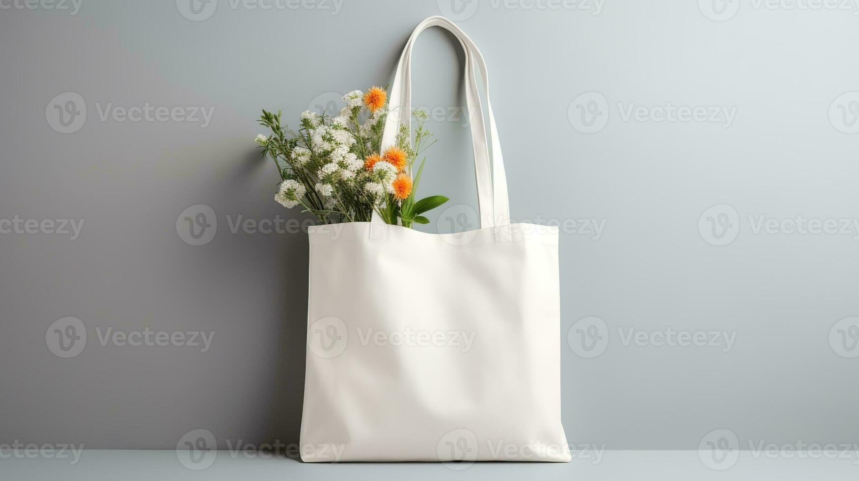 AI generated Generative AI, eco handbag full of flowers, white tote bag mock up on neutral background photo