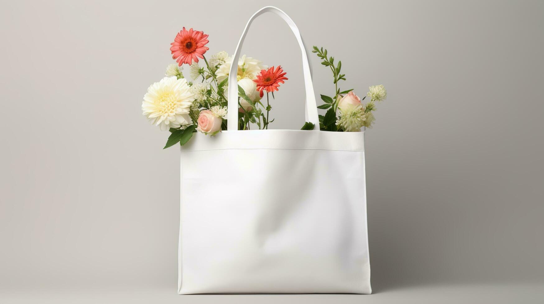 AI generated Generative AI, eco handbag full of flowers, white tote bag mock up on neutral background photo