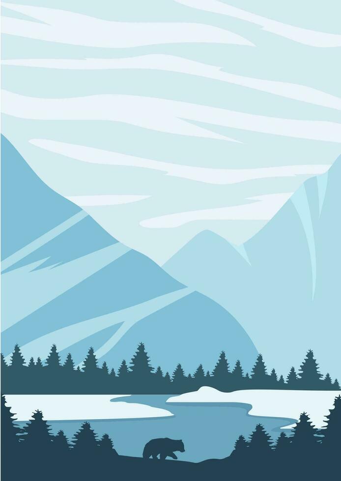 Frozen mountains lake landscape illustration poster. Forest with wildlife animals, bear silhouette vector