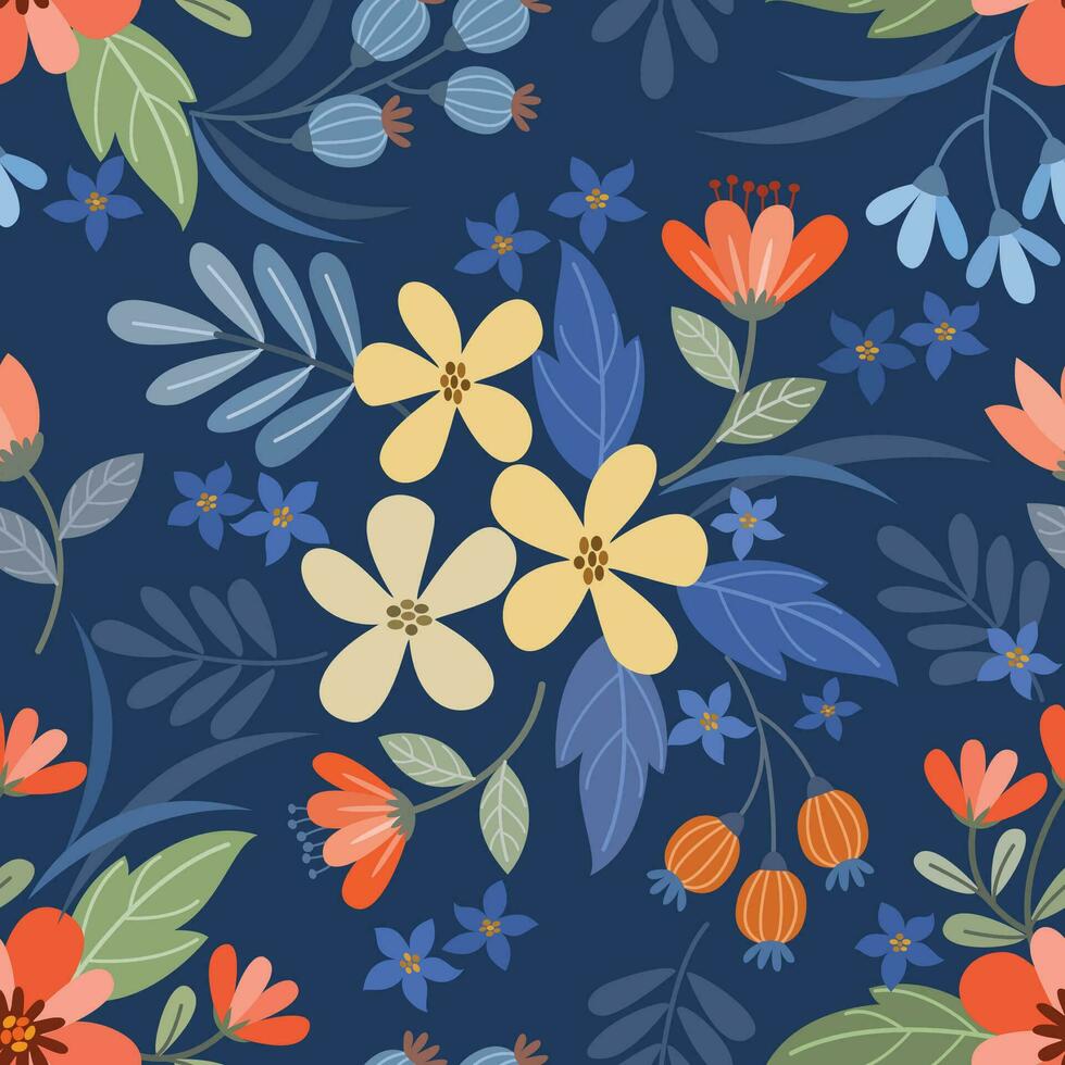 Colorful flowers and leaf on dark blue color background seamless pattern vector