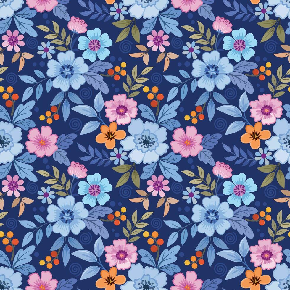 Cute colorful flowers and leaf on dark blue color background seamless pattern. vector