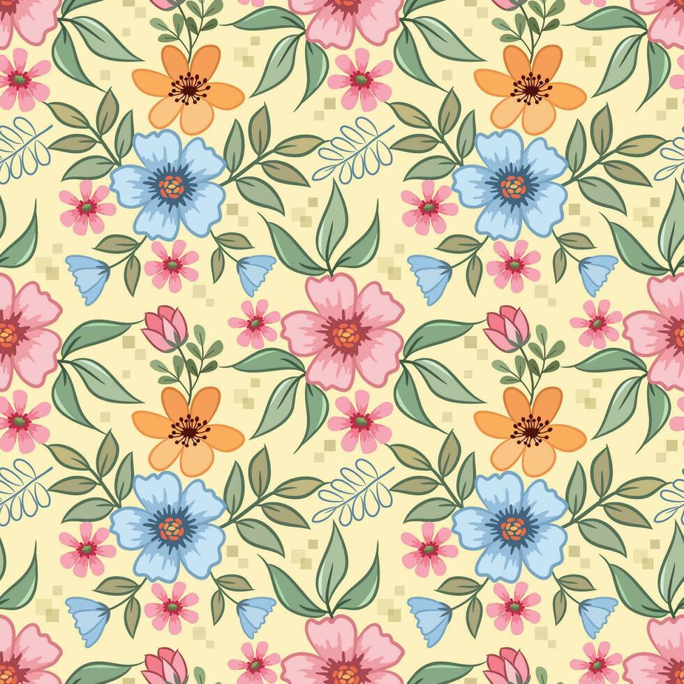 Colorful flowers design with green leaf on yellow color background seamless pattern. vector