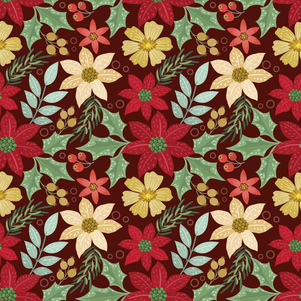 Christmas flowers with green leaf seamless pattern. vector