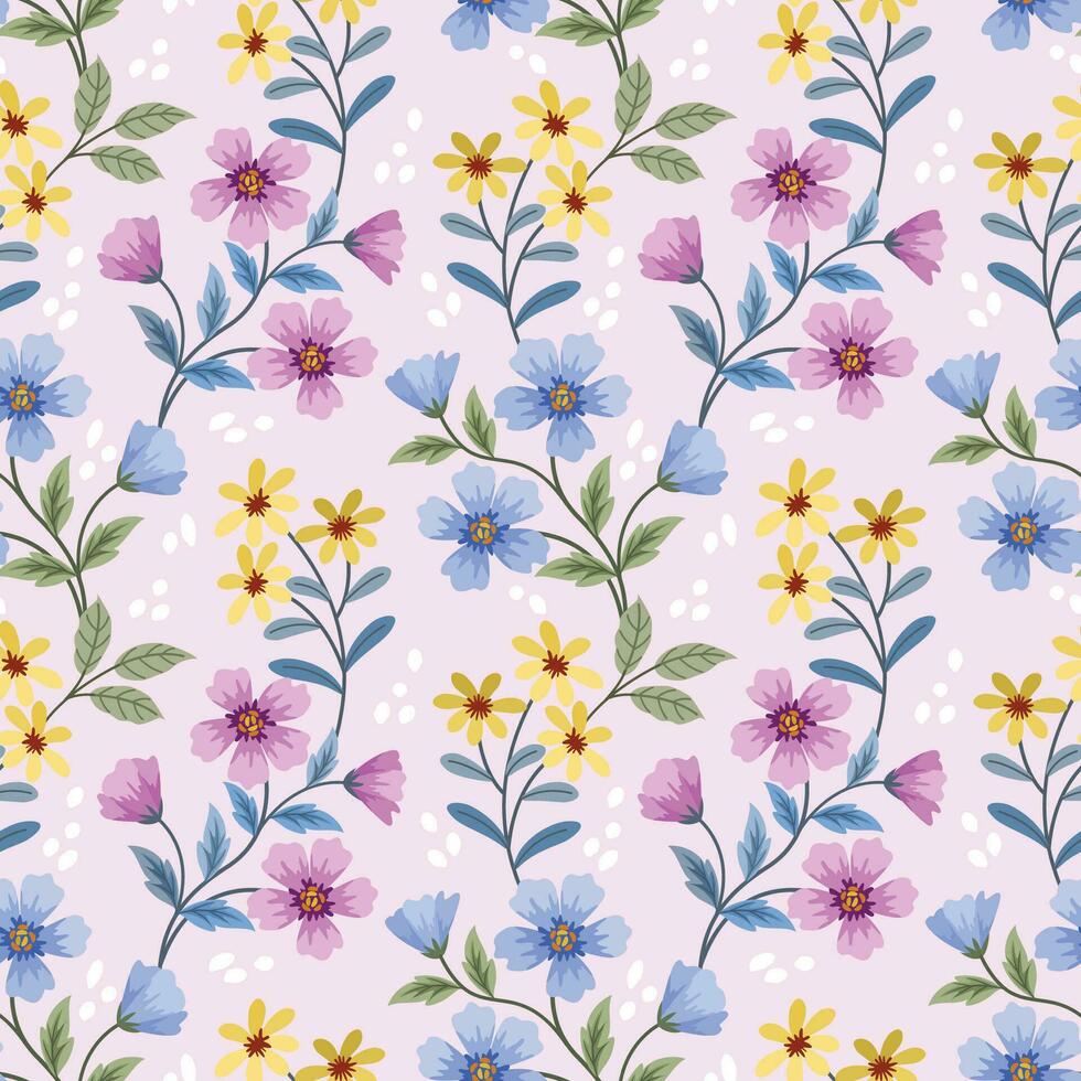 Cute small pink yellow and blue flowers with green leaf seamless pattern. vector