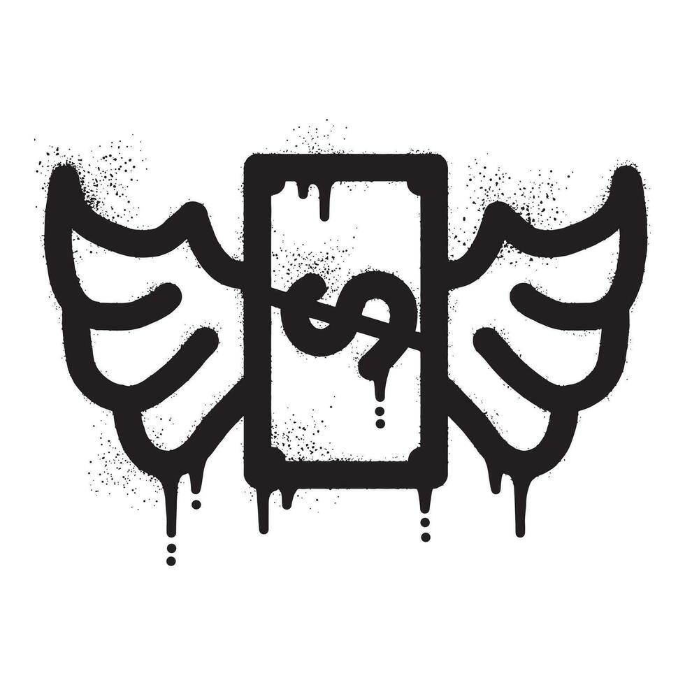 Money graffiti with wings drawn with black spray paint vector