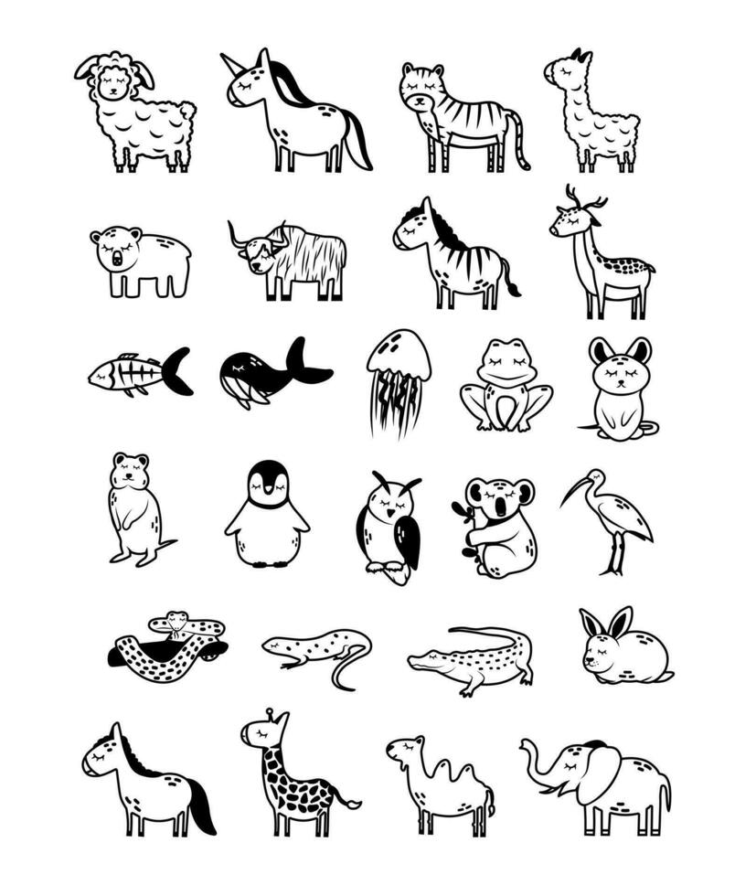 Cartoon doodle animals icon set for kids. Funny cute animal in linear style, zoo animals characters. Isolated vector outline icons illustration set.