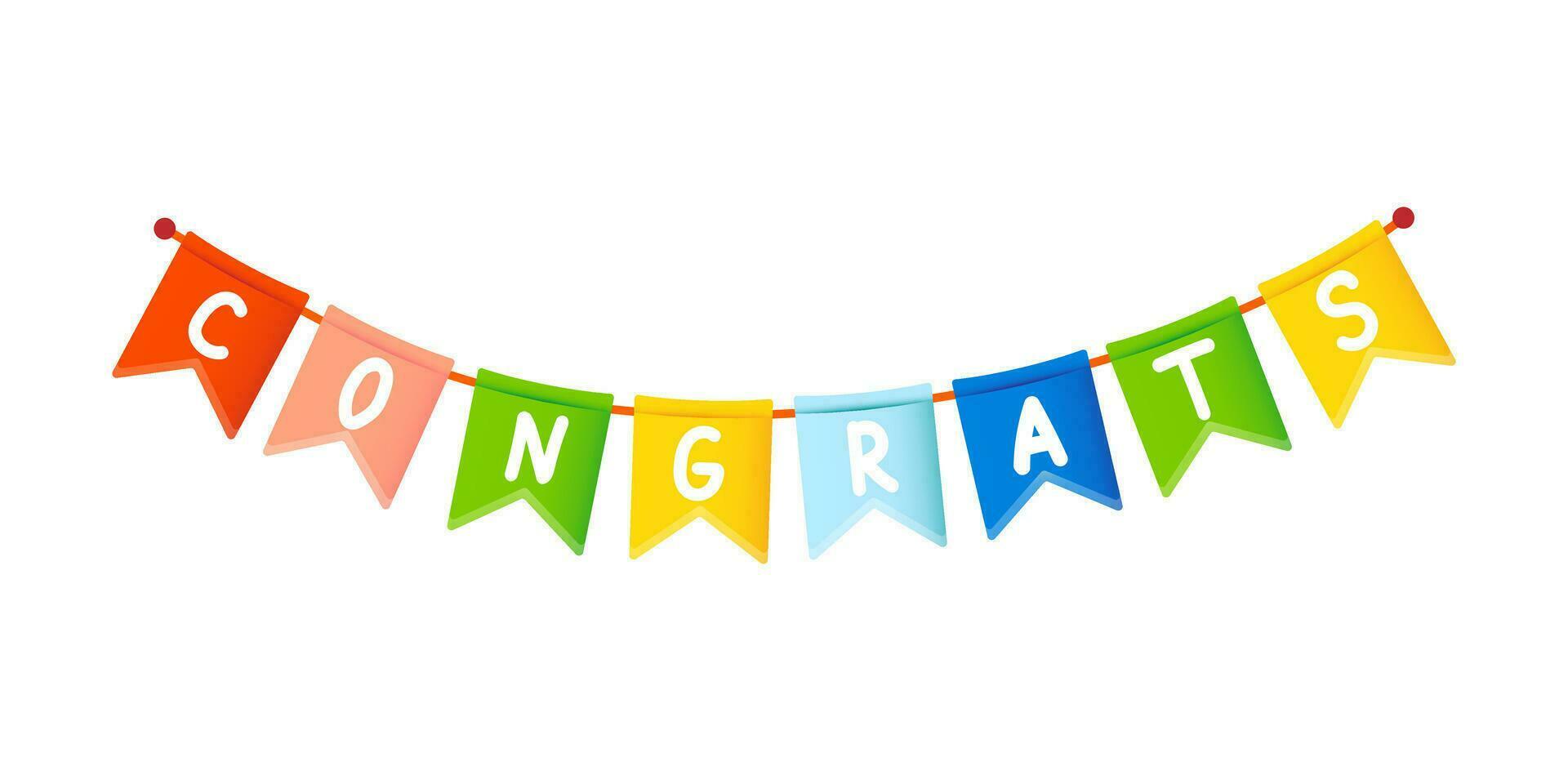 Congrats colorful party flags on white background. Vector holiday celebration greeting card. Cartoon lettering. Flag garland.