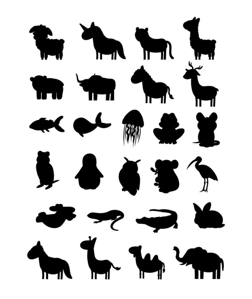 dibujos animados garabatear animales siluetas icono conjunto para niños. gracioso linda animal, zoo animales caracteres formas aislado vector sombra íconos ilustración colocar.