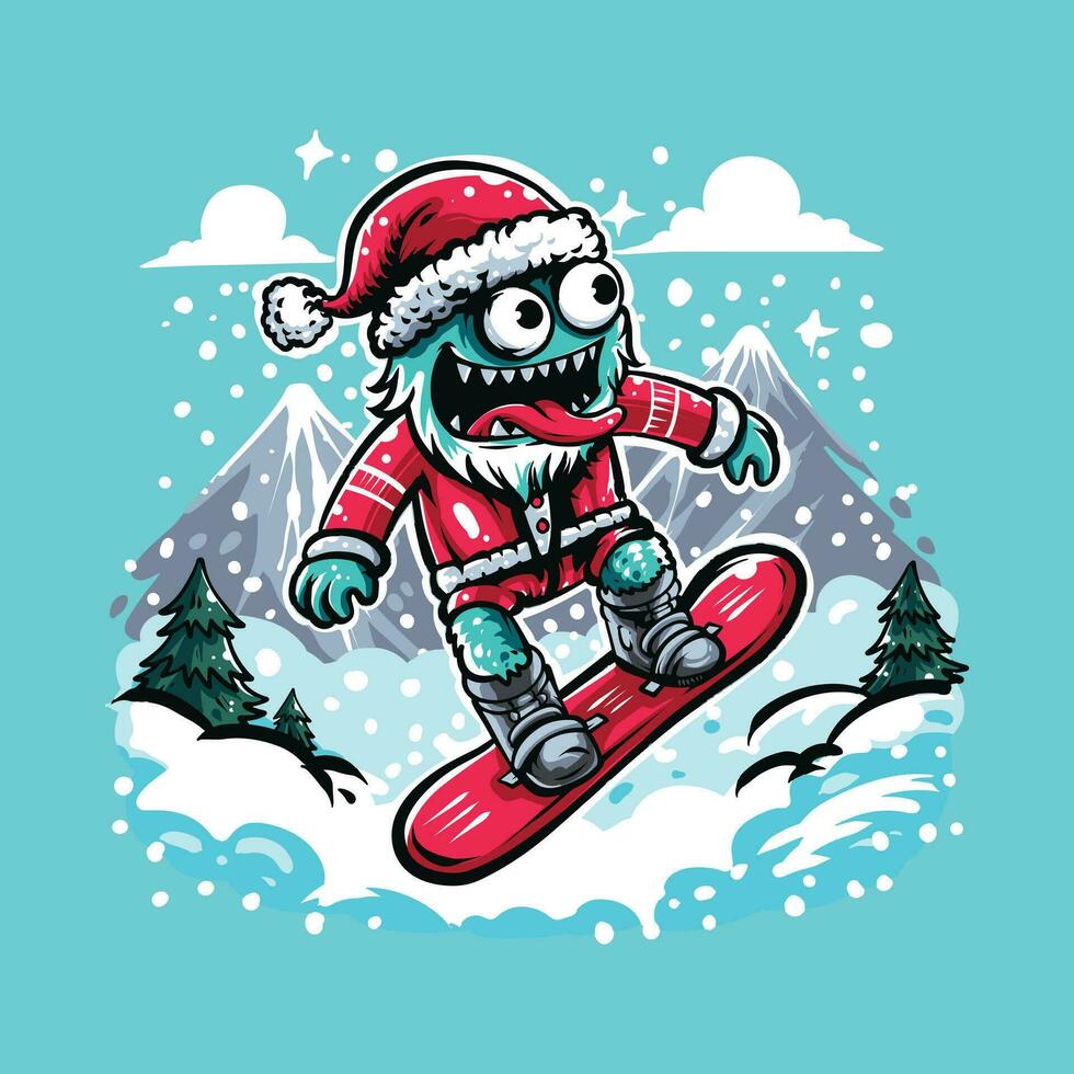 santa claus on snowboard. cute monster wearing a Santa Claus costume playing snowboarding in the snowy mountains vector