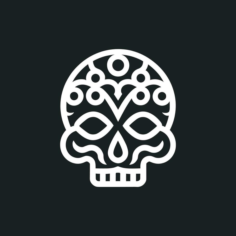 Vector skull line-art . Stylised human skull front view, made by diagonal lines. White lines on black background. Ideal logo graphic element.