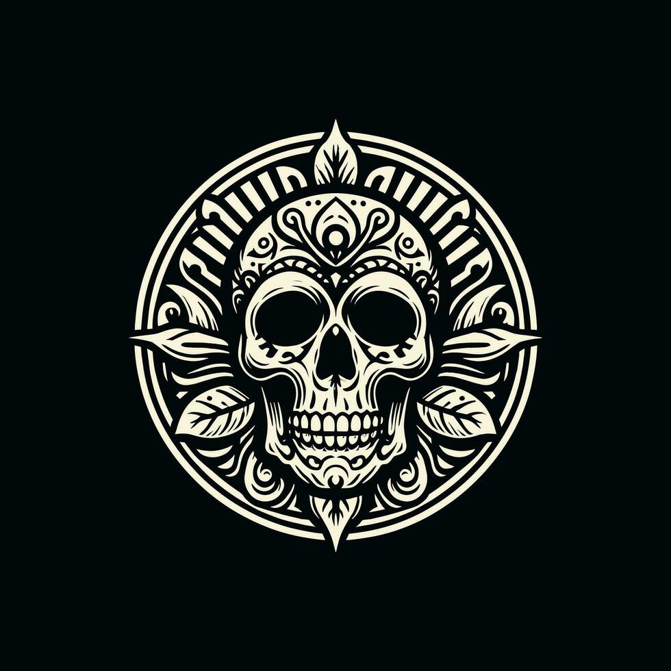 Vector skull line art. Stylized human skull front view, made by diagonal lines. White lines on black background. Ideal logo graphic element.