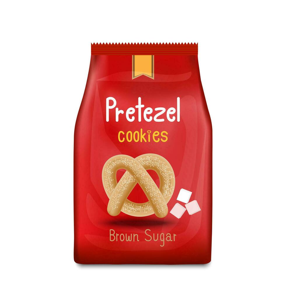 Salted pretzels in a red bag with crumbs next to it. Vector illustration in 3D style.