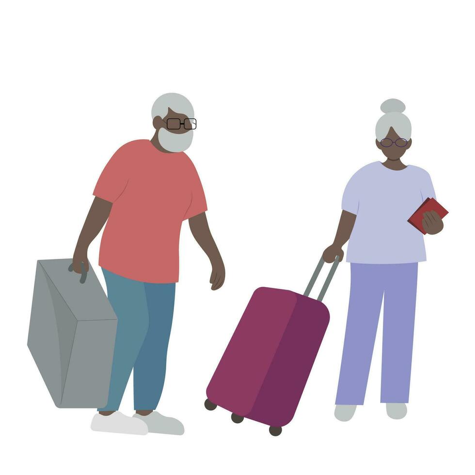 Elderly black couple with suitcases, isolated on white, flat vector, faceless illustration, traveling grandparents vector