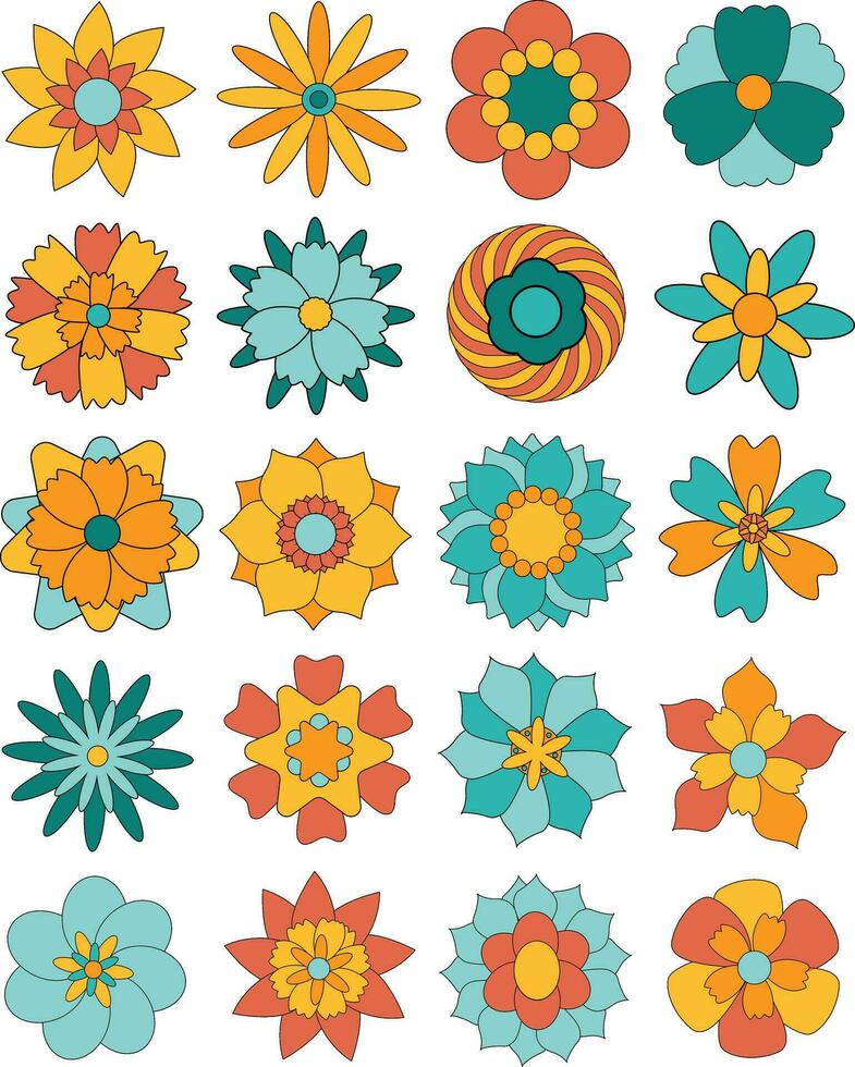 Yellow and Turquoise Retro Flower Element Set vector