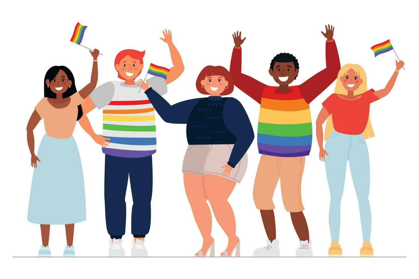 Several diverse people with LGBT flags wave their hands and rejoice. Human rights and tolerance. Vector flat illustration isolated on white background. Pride Month