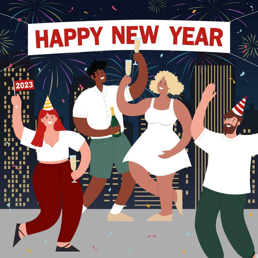 Diverse people celebrate New Year. They drink champagne and dance in front of the city with fireworks. Vector flat illustration. Square poster.