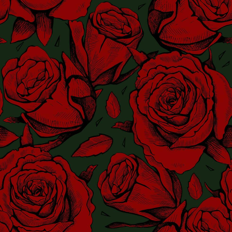 rojo y verde sin costura vector modelo de mano dibujado rosas. ilustración para envase papel, tela, fondo de pantalla.