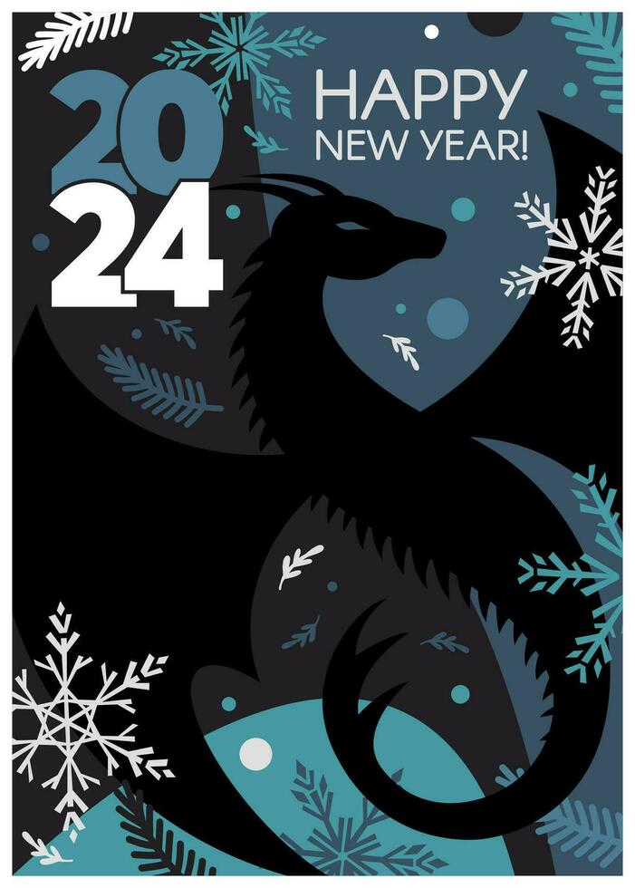 Happy New Year 2024 banner with dragon, snowflakes, and text. Vector flat illustration.