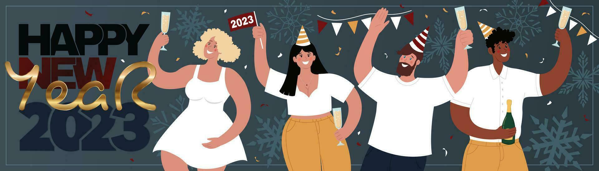 Happy New Year. Long horizontal banner. Diverse people have fun, dance, and drink champagne. Vector colorful flat illustration.