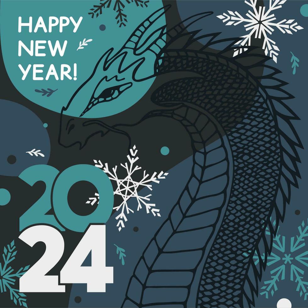 Happy New Year 2024 square poster with dragon, snowflakes, and congratulatory text. Vector flat illustration.