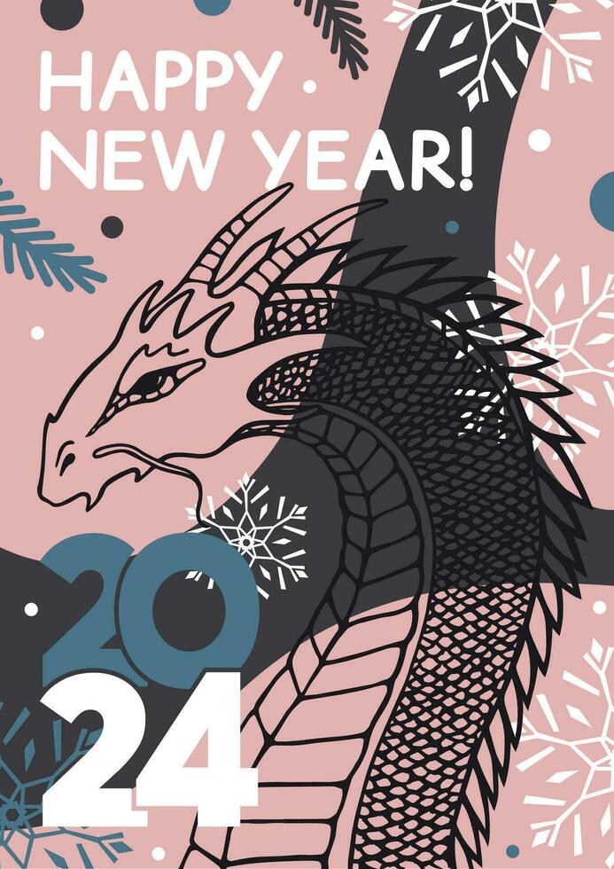 Happy New Year 2024 vertical poster with dragon, snowflakes, and congratulatory text. Vector flat illustration.