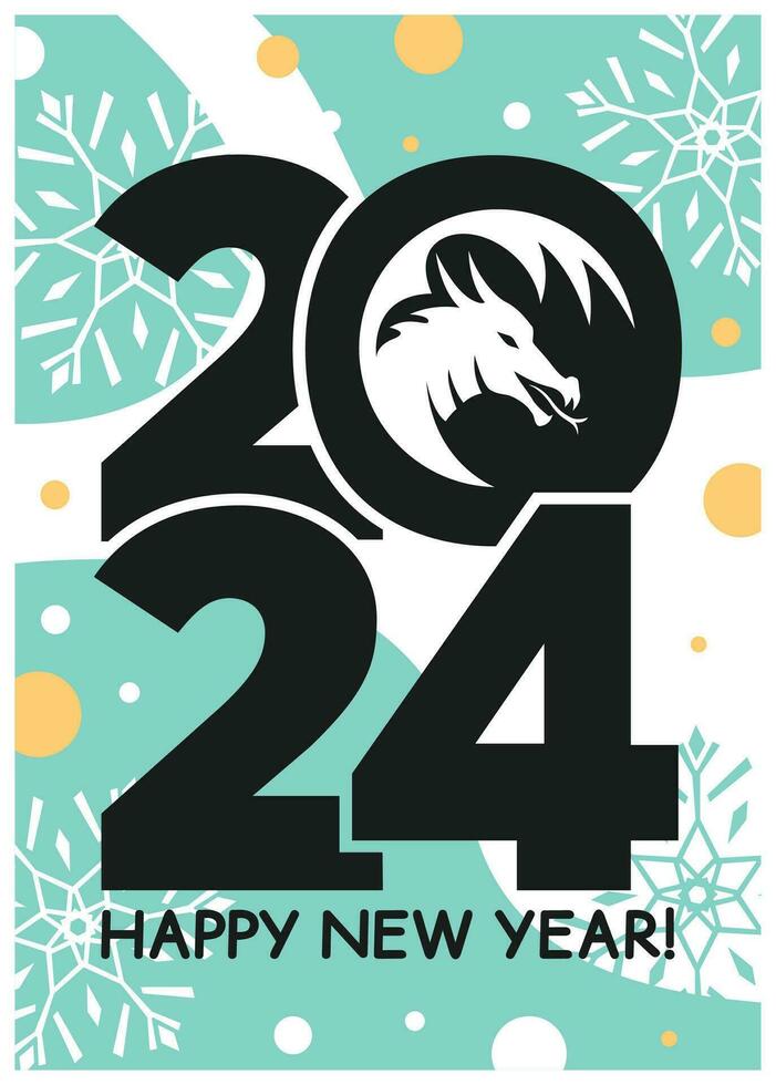 Happy New Year 2024 poster with dragon, snowflakes, and text. Vector flat illustration.