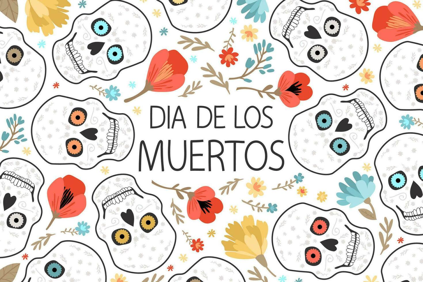 día de el muerto tarjeta con calaveras y flores vector modelo con letras diseño. el inscripción es en español.