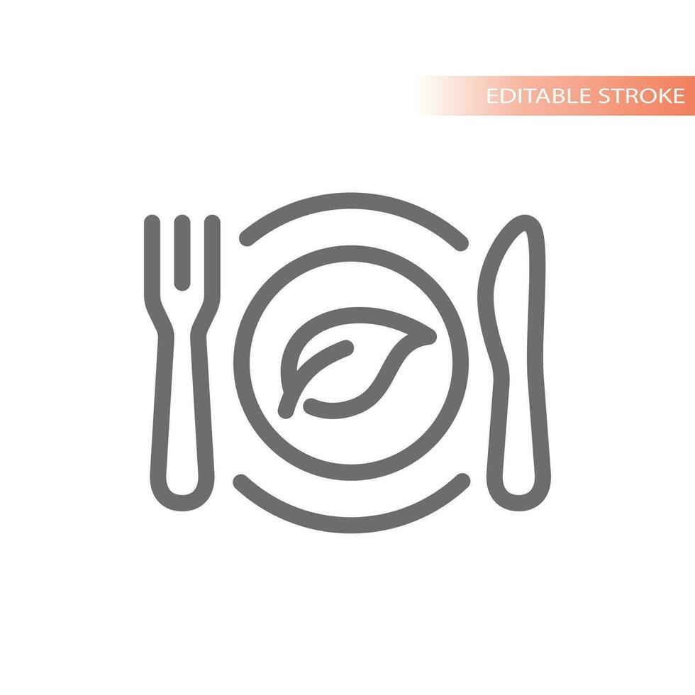 Vegan meal, fork and knife line icon. Vegetarian dish with plate and leaf outline vector. vector