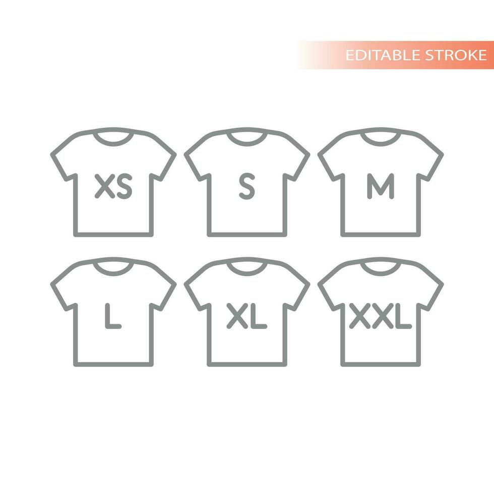 camisa y ropa tamaños línea icono colocar. t camisa s, metro y yo, y SG Talla contorno vector iconos