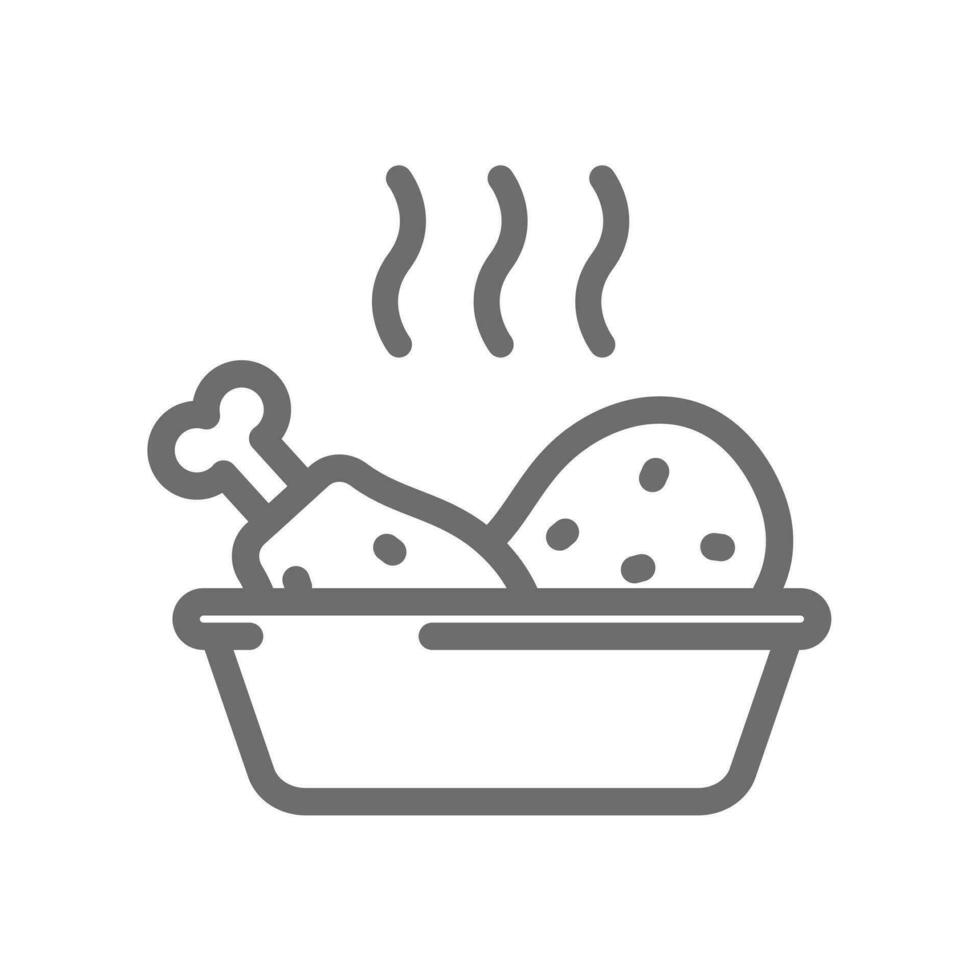 Baked dish line vector icon. Baking meal, hot casserole with chicken legs, editable stroke.