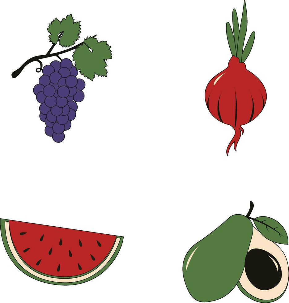 Collection of Fruits and Vegetables. Flat Cartoon Design. Vector Illustration.