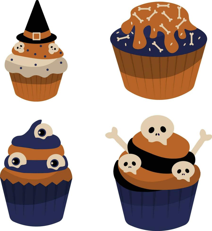 Halloween Cupcake With Different Design and Shape. Vector Illustration Set.