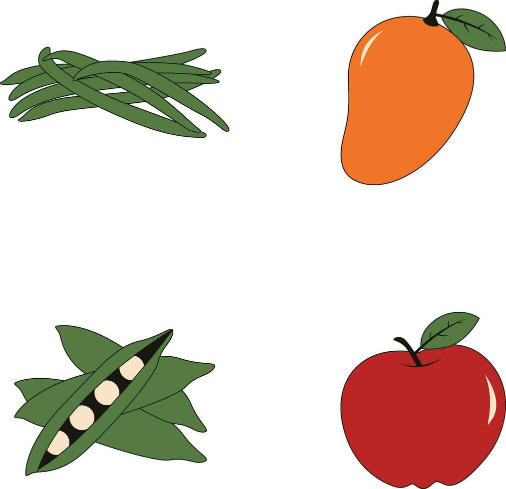 Collection of Fruits and Vegetables. Flat Cartoon Design. Vector Illustration.