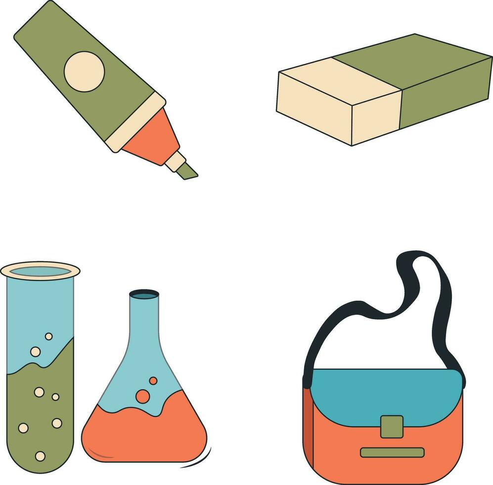 Primary School Equipment With Flat Cartoon Design. Back to School. Vector Illustration Set.