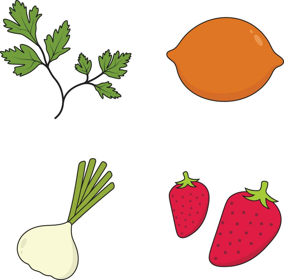 Fruits and Vegetables Icon Set. Isolated On White Background. Vector Illustration.