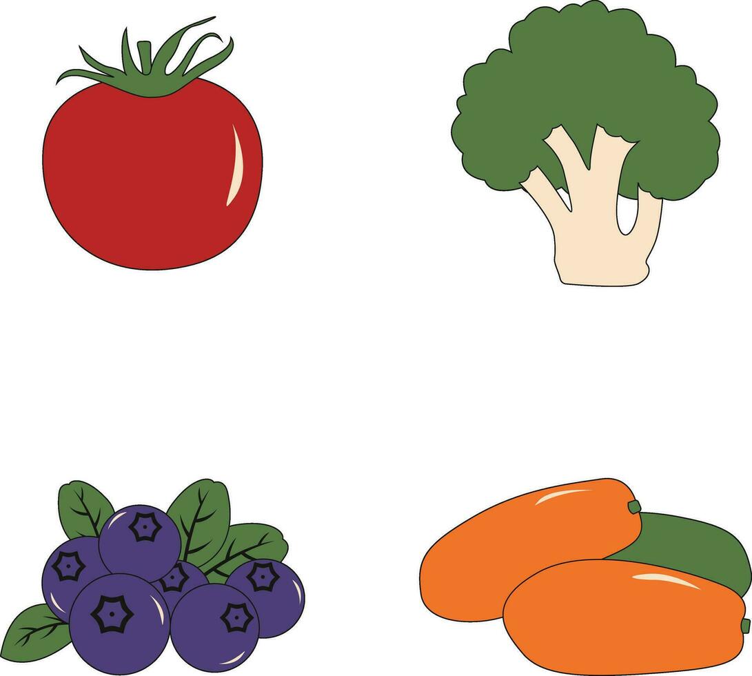 Collection of Fruits and Vegetables. Flat Cartoon Design. Vector Illustration.