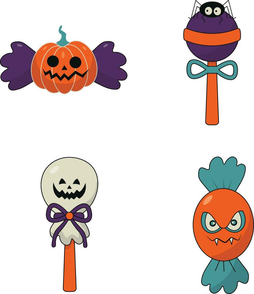 Halloween Candy With Spooky Cartoon Design. Isolated On White Background. Vector Illustration.