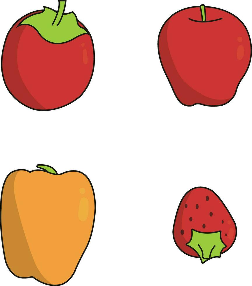 Fruits and Vegetables In Different Types. Vector Illustration Set.