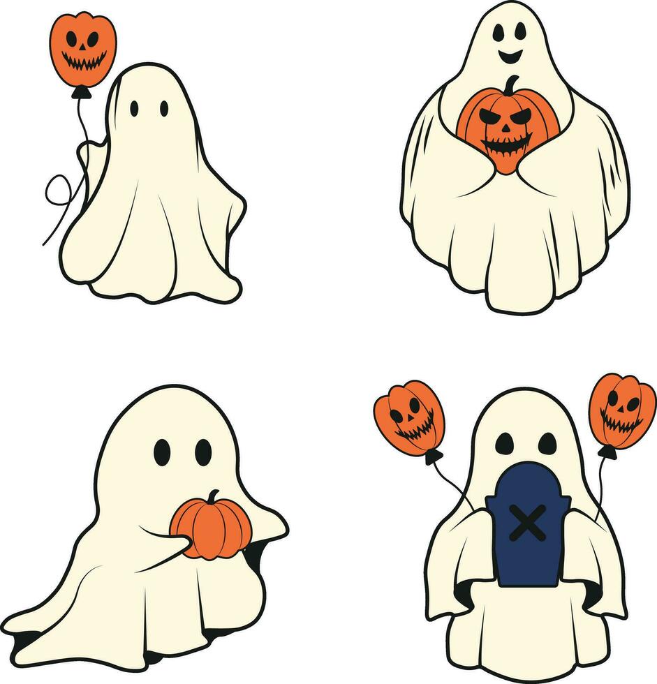 Retro Ghost Halloween Icon Set. With Cute Cartoon Design. Vector Illustration.