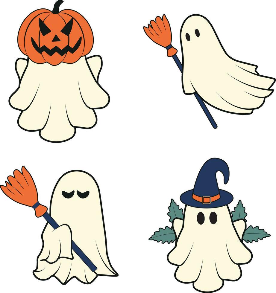 Retro Ghost Halloween Icon Set. With Cute Cartoon Design. Vector Illustration.