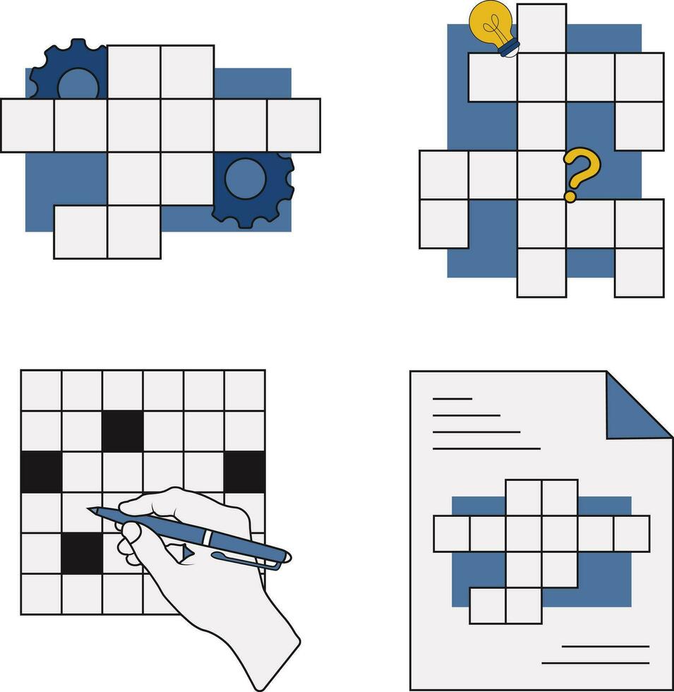 Set of Crossword Puzzle Day. With Pen, Lamp, and Hand. Isolated Vector Illustration.