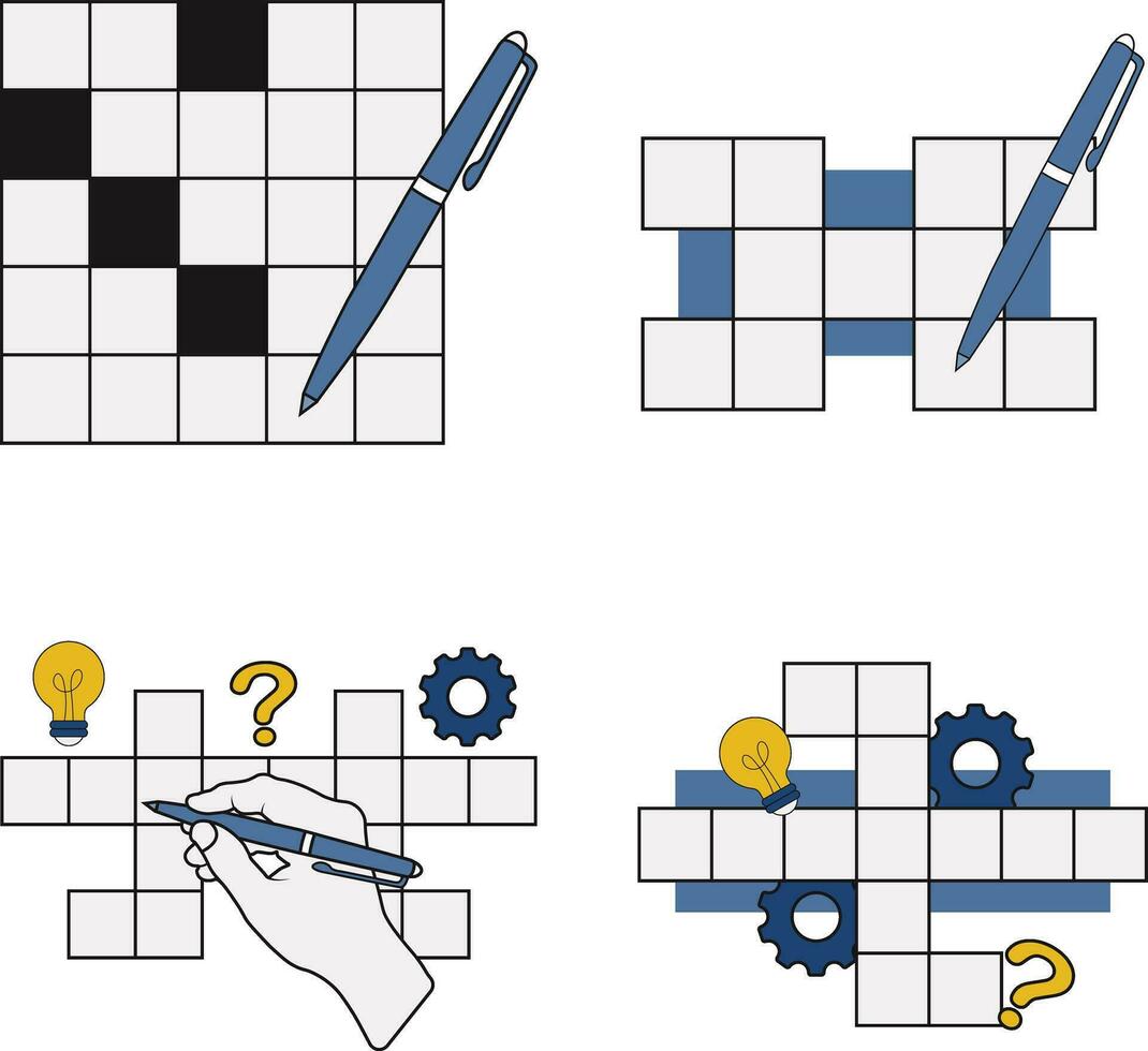 Set of Crossword Puzzle Day. With Pen, Lamp, and Hand. Isolated Vector Illustration.