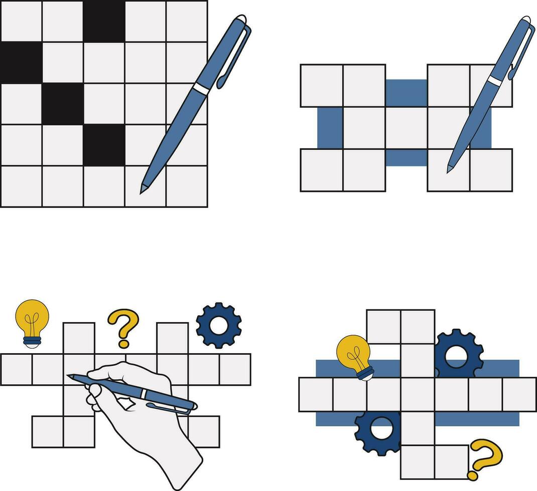 conjunto de crucigrama rompecabezas día. con bolígrafo, lámpara, y mano. aislado vector ilustración.
