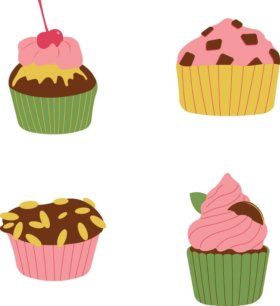 Cupcake Dessert Icon With Cute Cartoon Design. Vector Illustration Set.