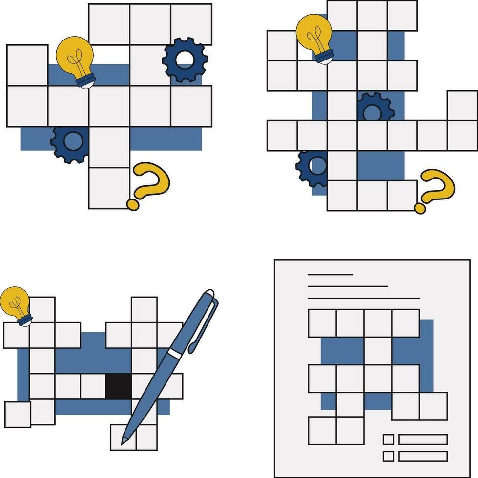 Set of Crossword Puzzle Day. With Pen, Lamp, and Hand. Isolated Vector Illustration.