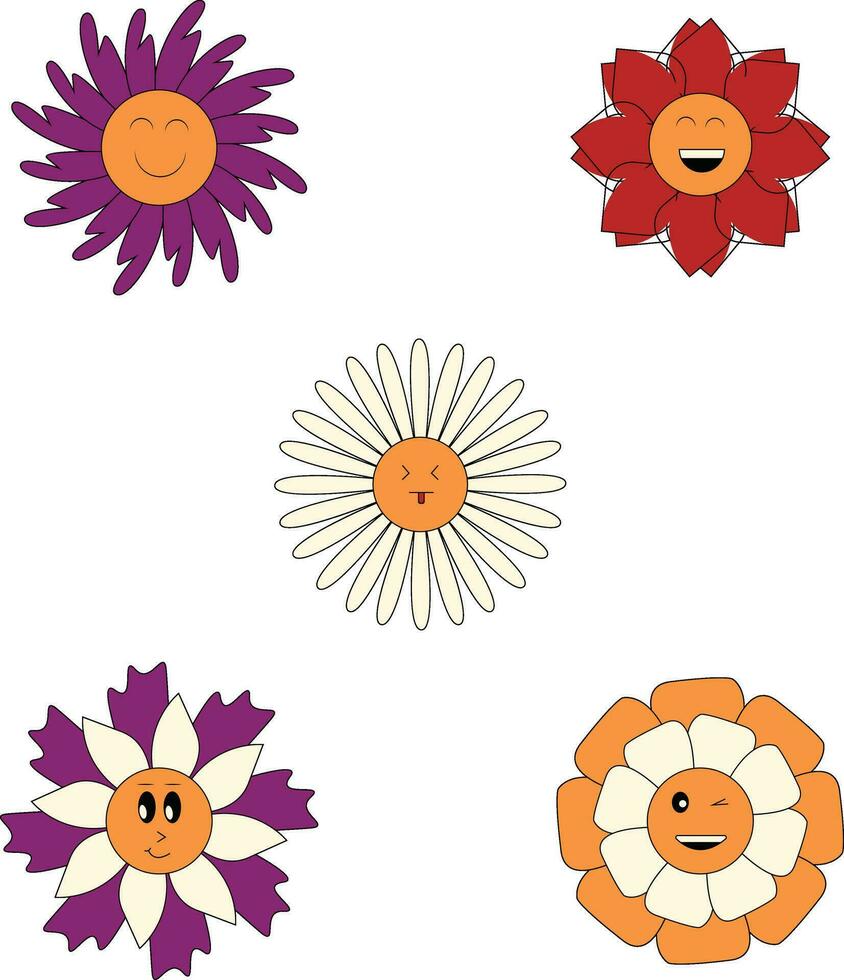 Groovy Flowers Retro Icon In Cute Cartoon Design. Vector Illustration Set.