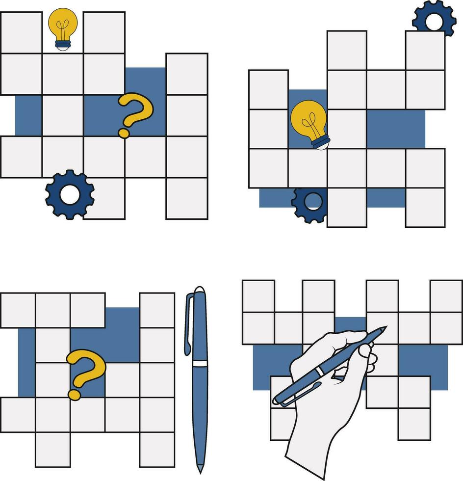 Set of Crossword Puzzle Day. With Pen, Lamp, and Hand. Isolated Vector Illustration.