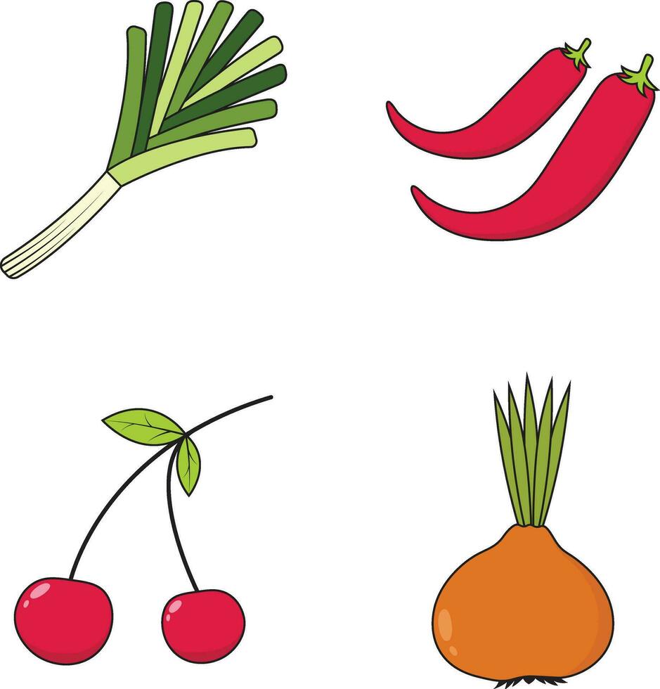 Fruits and Vegetables Icon Set. Isolated On White Background. Vector Illustration.